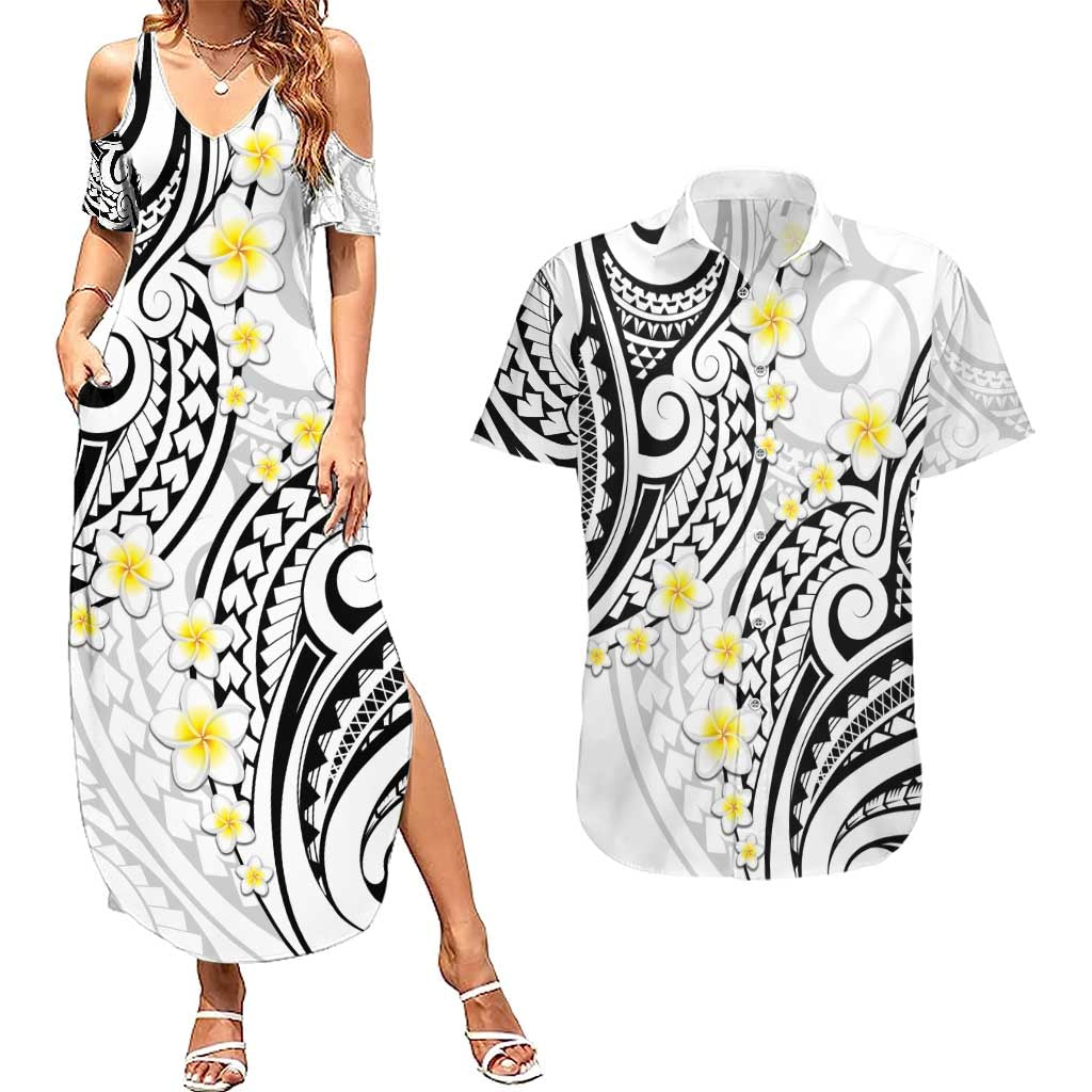 Plumeria With White Polynesian Tattoo Pattern Couples Matching Summer Maxi Dress and Hawaiian Shirt LT05 White - Polynesian Pride