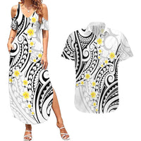 Plumeria With White Polynesian Tattoo Pattern Couples Matching Summer Maxi Dress and Hawaiian Shirt LT05 White - Polynesian Pride