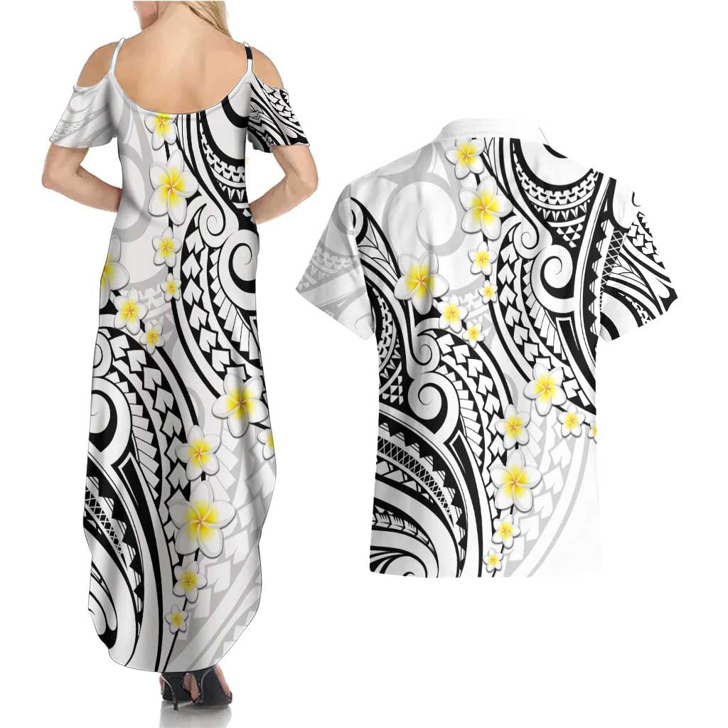 Plumeria With White Polynesian Tattoo Pattern Couples Matching Summer Maxi Dress and Hawaiian Shirt LT05 - Polynesian Pride