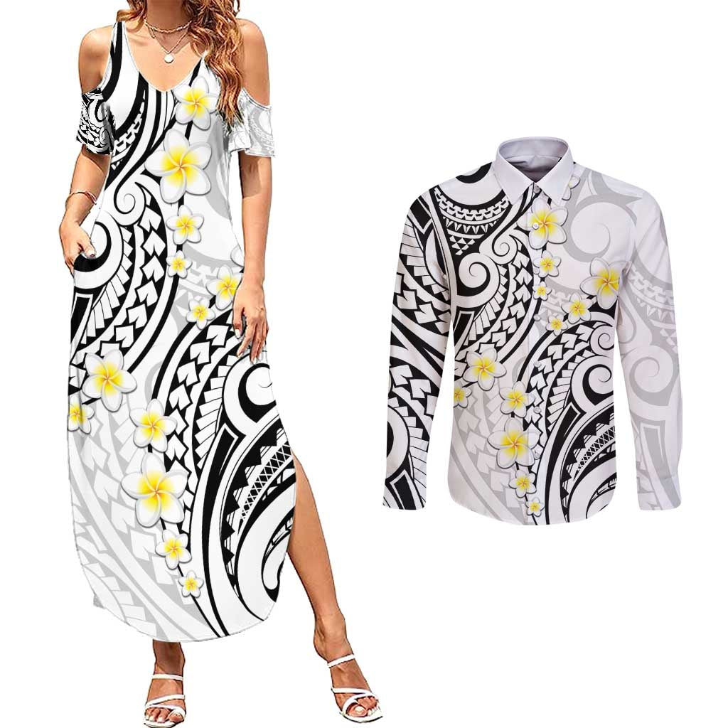 Plumeria With White Polynesian Tattoo Pattern Couples Matching Summer Maxi Dress and Long Sleeve Button Shirt LT05 White - Polynesian Pride