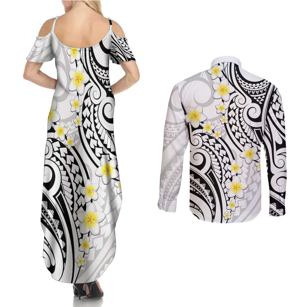Plumeria With White Polynesian Tattoo Pattern Couples Matching Summer Maxi Dress and Long Sleeve Button Shirt LT05 - Polynesian Pride