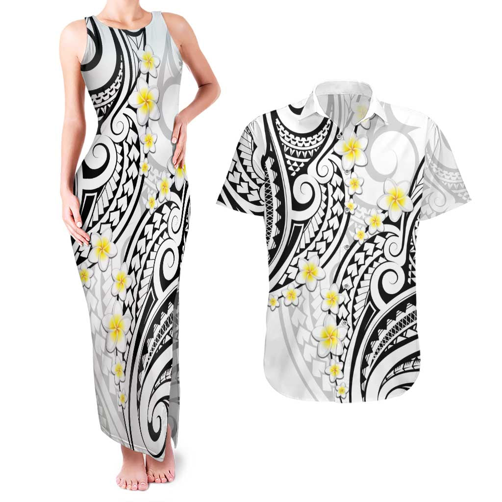 Plumeria With White Polynesian Tattoo Pattern Couples Matching Tank Maxi Dress and Hawaiian Shirt LT05 White - Polynesian Pride