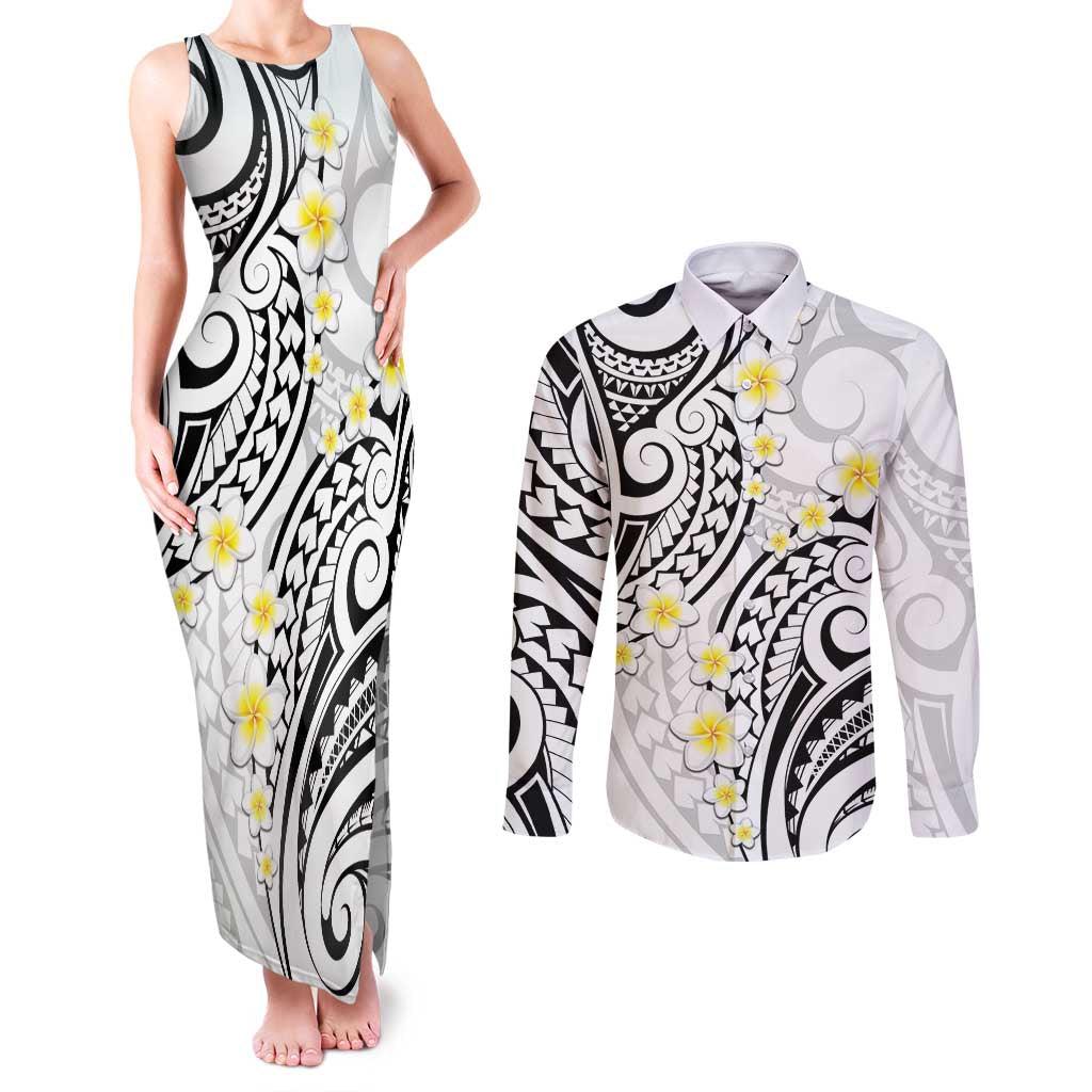 Plumeria With White Polynesian Tattoo Pattern Couples Matching Tank Maxi Dress and Long Sleeve Button Shirt LT05 White - Polynesian Pride