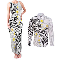 Plumeria With White Polynesian Tattoo Pattern Couples Matching Tank Maxi Dress and Long Sleeve Button Shirt LT05 White - Polynesian Pride