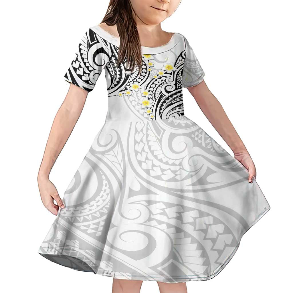 Plumeria With White Polynesian Tattoo Pattern Family Matching Long Sleeve Bodycon Dress and Hawaiian Shirt LT05 Daughter's Dress White - Polynesian Pride