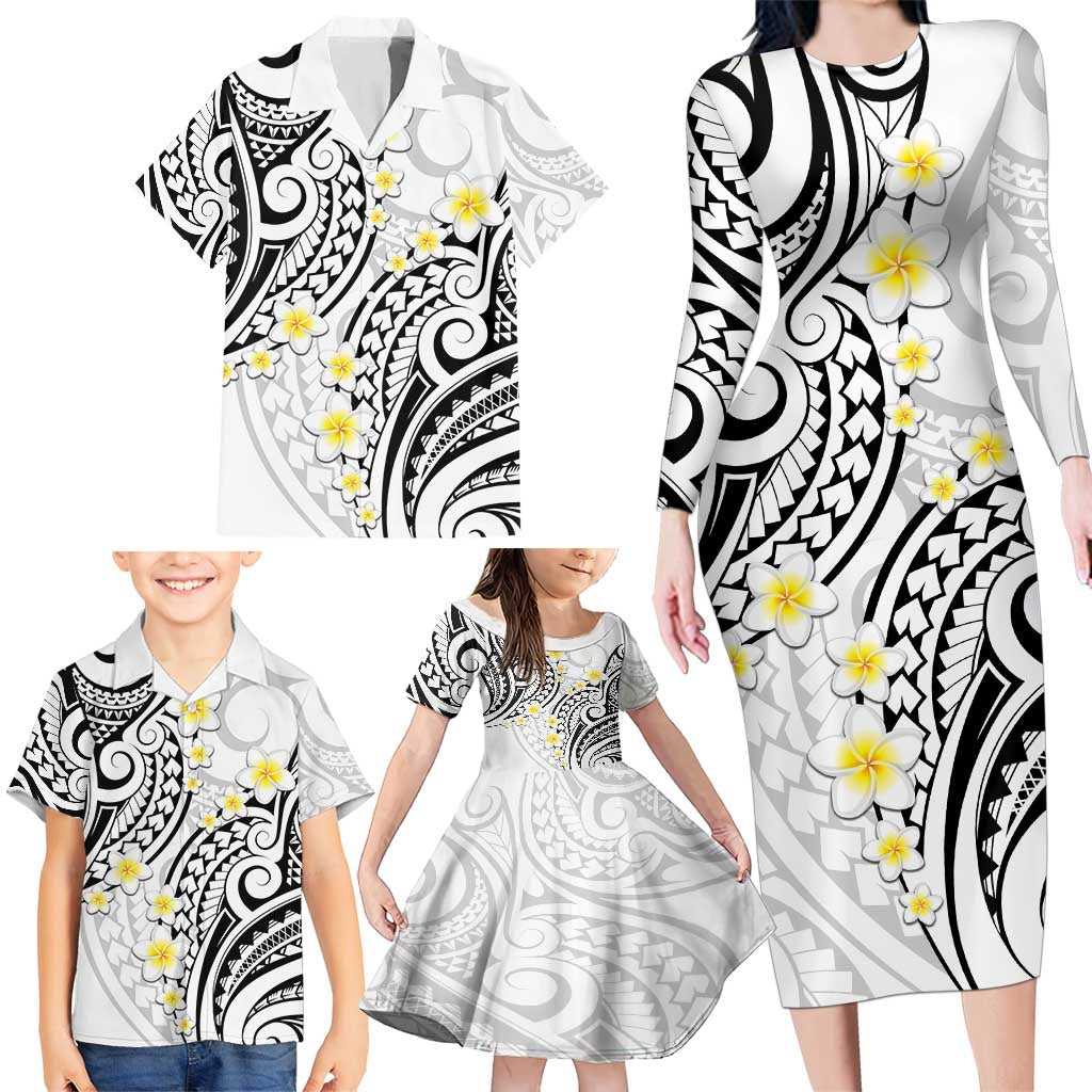 Plumeria With White Polynesian Tattoo Pattern Family Matching Long Sleeve Bodycon Dress and Hawaiian Shirt