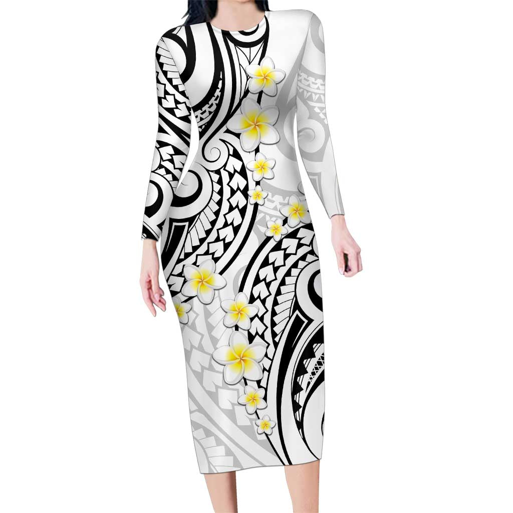 Plumeria With White Polynesian Tattoo Pattern Family Matching Long Sleeve Bodycon Dress and Hawaiian Shirt LT05 Mom's Dress White - Polynesian Pride