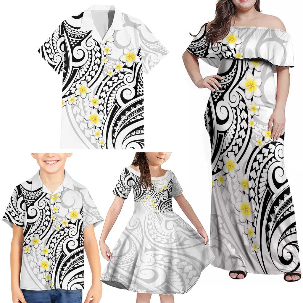 Plumeria With White Polynesian Tattoo Pattern Family Matching Off Shoulder Maxi Dress and Hawaiian Shirt