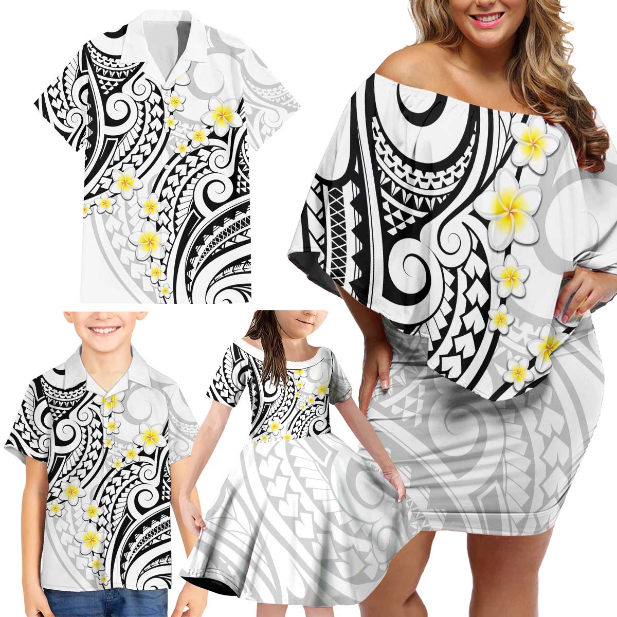 Plumeria With White Polynesian Tattoo Pattern Family Matching Off Shoulder Short Dress and Hawaiian Shirt