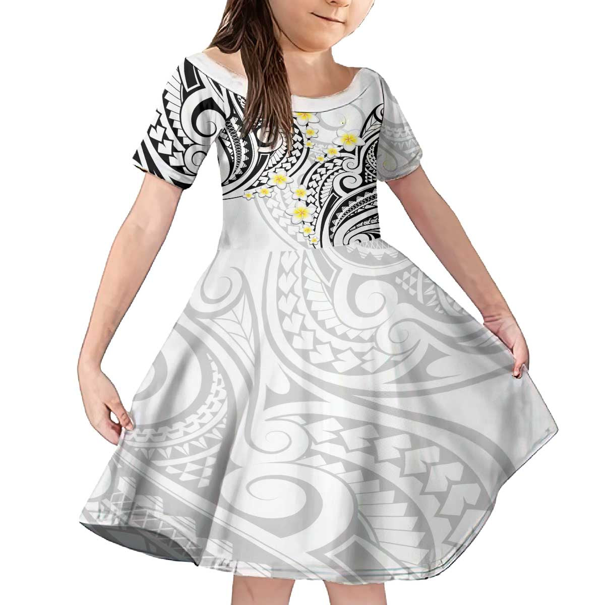 Plumeria With White Polynesian Tattoo Pattern Family Matching Puletasi and Hawaiian Shirt LT05 Daughter's Dress White - Polynesian Pride