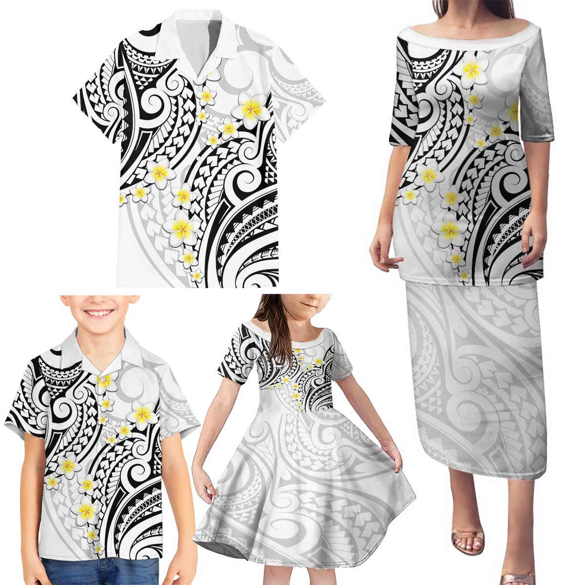 Plumeria With White Polynesian Tattoo Pattern Family Matching Puletasi and Hawaiian Shirt LT05 - Polynesian Pride