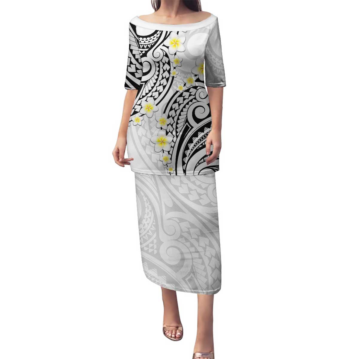 Plumeria With White Polynesian Tattoo Pattern Family Matching Puletasi and Hawaiian Shirt LT05 Mom's Dress White - Polynesian Pride