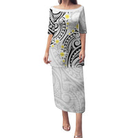 Plumeria With White Polynesian Tattoo Pattern Family Matching Puletasi and Hawaiian Shirt LT05 Mom's Dress White - Polynesian Pride