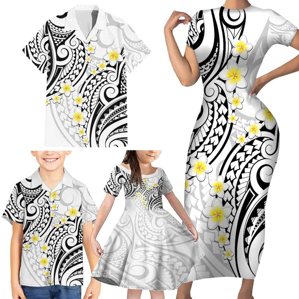 Plumeria With White Polynesian Tattoo Pattern Family Matching Short Sleeve Bodycon Dress and Hawaiian Shirt