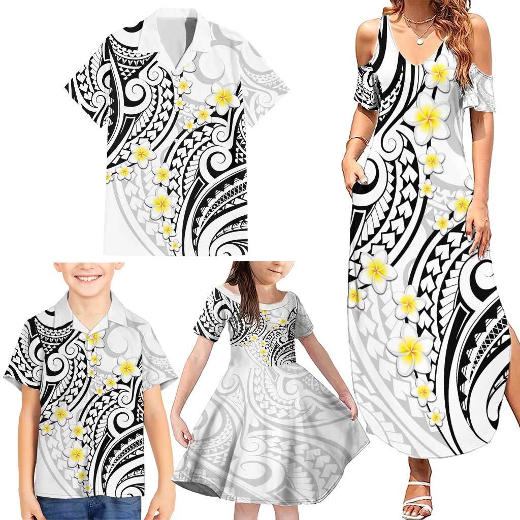 Plumeria With White Polynesian Tattoo Pattern Family Matching Summer Maxi Dress and Hawaiian Shirt