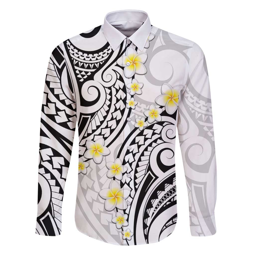 Plumeria With White Polynesian Tattoo Pattern Family Matching Summer Maxi Dress and Hawaiian Shirt LT05 Dad's Shirt - Long Sleeve White - Polynesian Pride