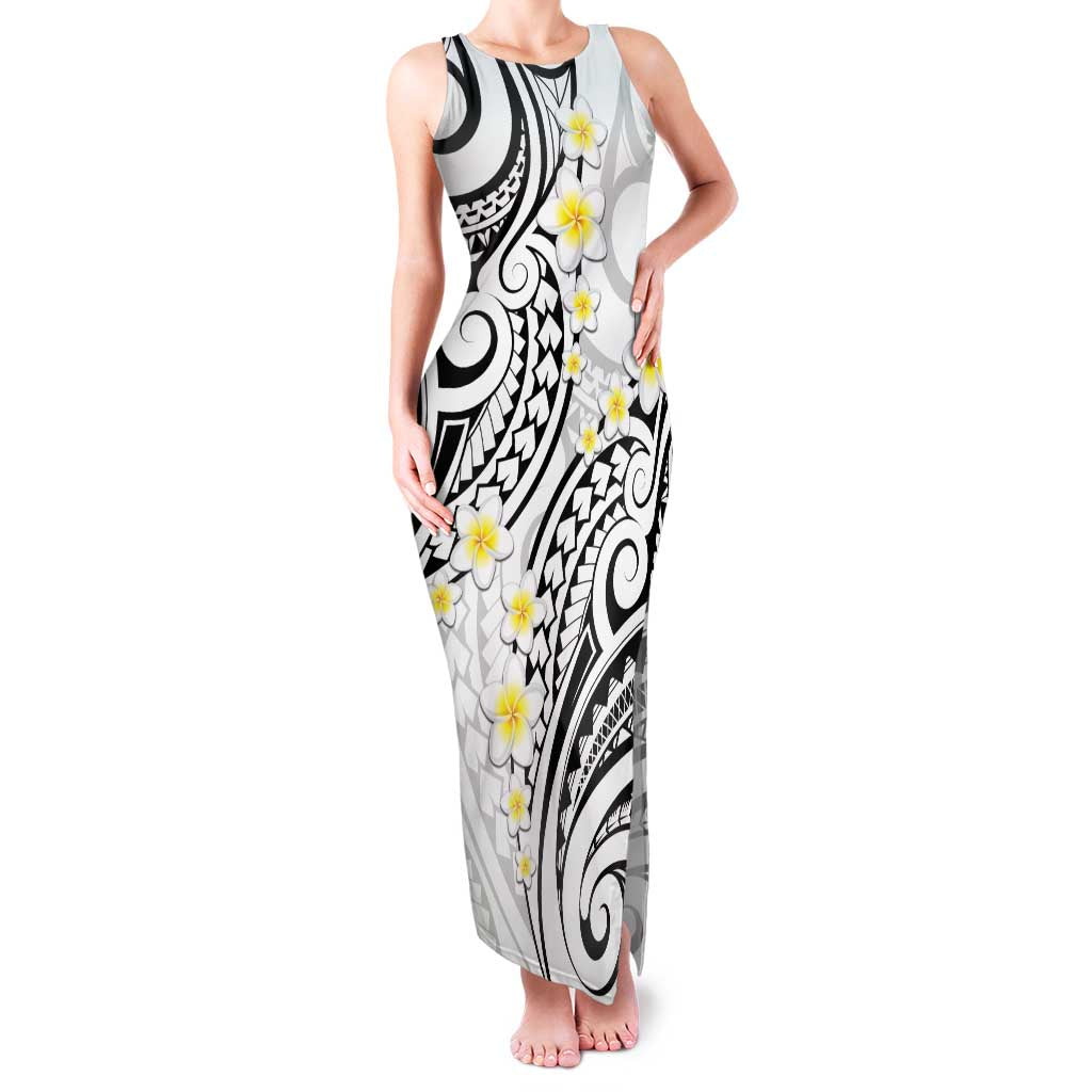 Plumeria With White Polynesian Tattoo Pattern Family Matching Tank Maxi Dress and Hawaiian Shirt LT05 Mom's Dress White - Polynesian Pride