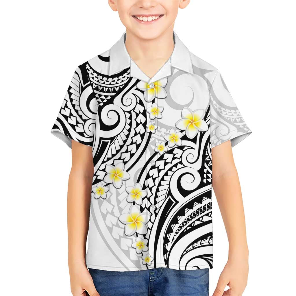 Plumeria With White Polynesian Tattoo Pattern Kid Hawaiian Shirt