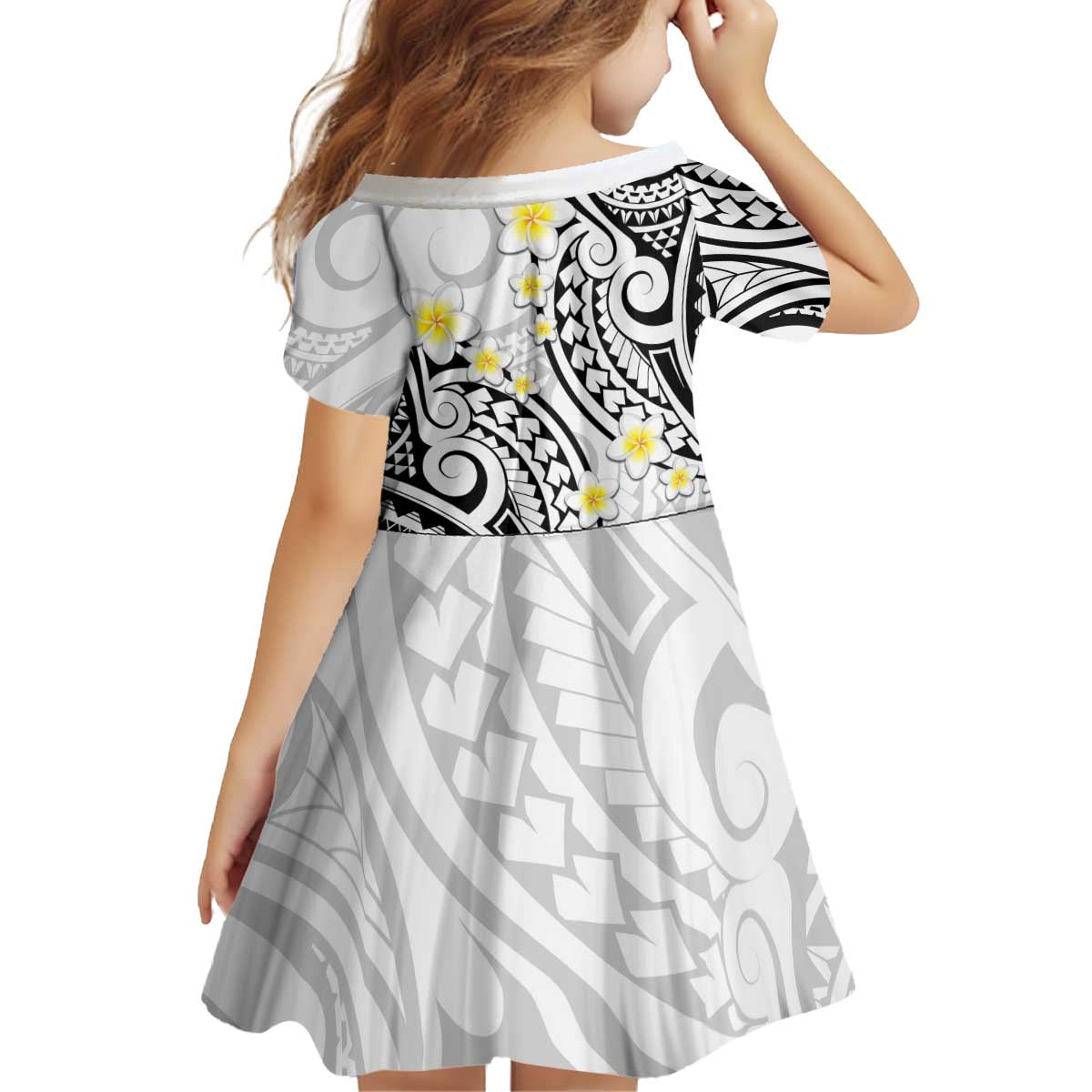Plumeria With White Polynesian Tattoo Pattern Kid Short Sleeve Dress