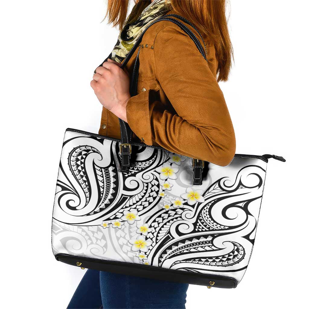 Plumeria With White Polynesian Tattoo Pattern Leather Tote Bag LT05 White - Polynesian Pride