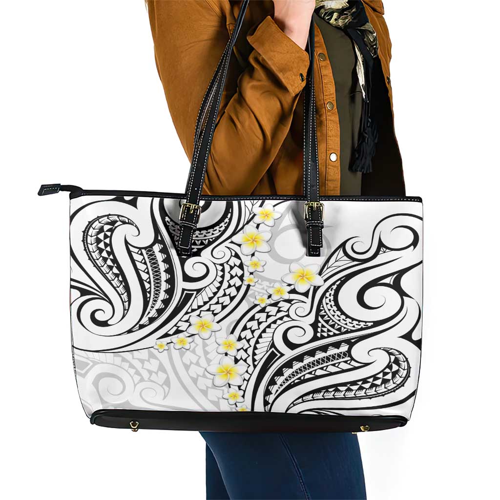 Plumeria With White Polynesian Tattoo Pattern Leather Tote Bag LT05 - Polynesian Pride