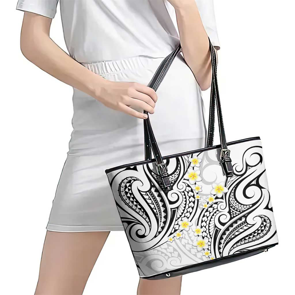 Plumeria With White Polynesian Tattoo Pattern Leather Tote Bag LT05 - Polynesian Pride