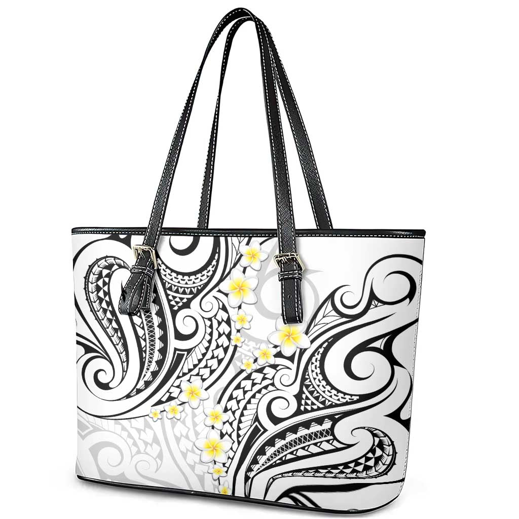 Plumeria With White Polynesian Tattoo Pattern Leather Tote Bag LT05 - Polynesian Pride