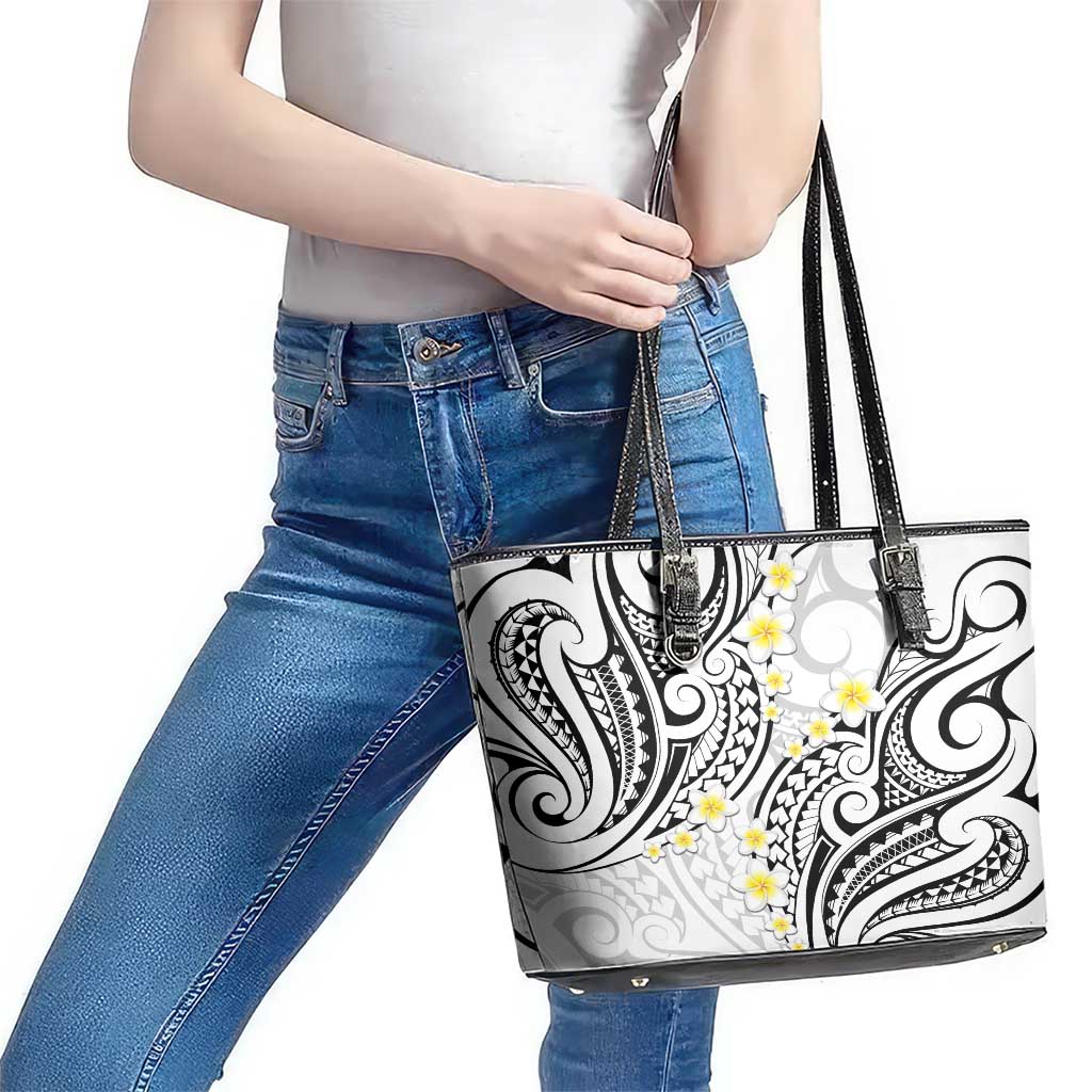 Plumeria With White Polynesian Tattoo Pattern Leather Tote Bag LT05 - Polynesian Pride