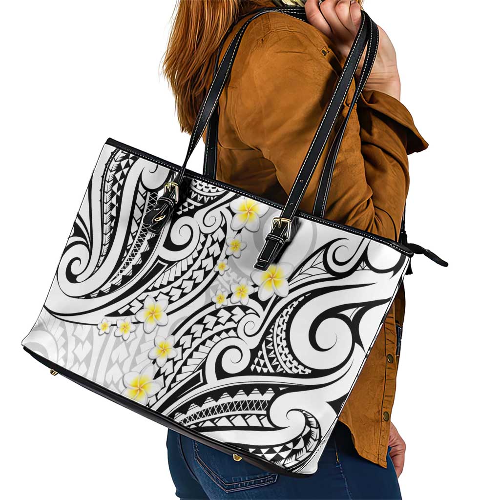 Plumeria With White Polynesian Tattoo Pattern Leather Tote Bag LT05 - Polynesian Pride