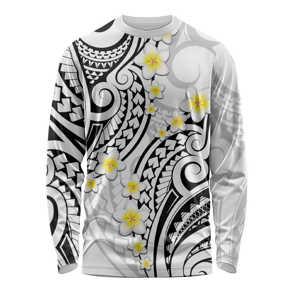 Plumeria With White Polynesian Tattoo Pattern Long Sleeve Shirt