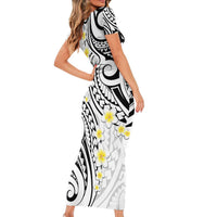 Plumeria With White Polynesian Tattoo Pattern Short Sleeve Bodycon Dress