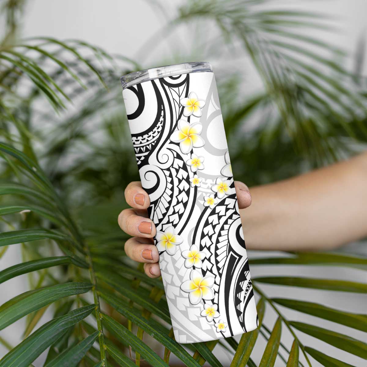 Plumeria With White Polynesian Tattoo Pattern Skinny Tumbler LT05 - Polynesian Pride