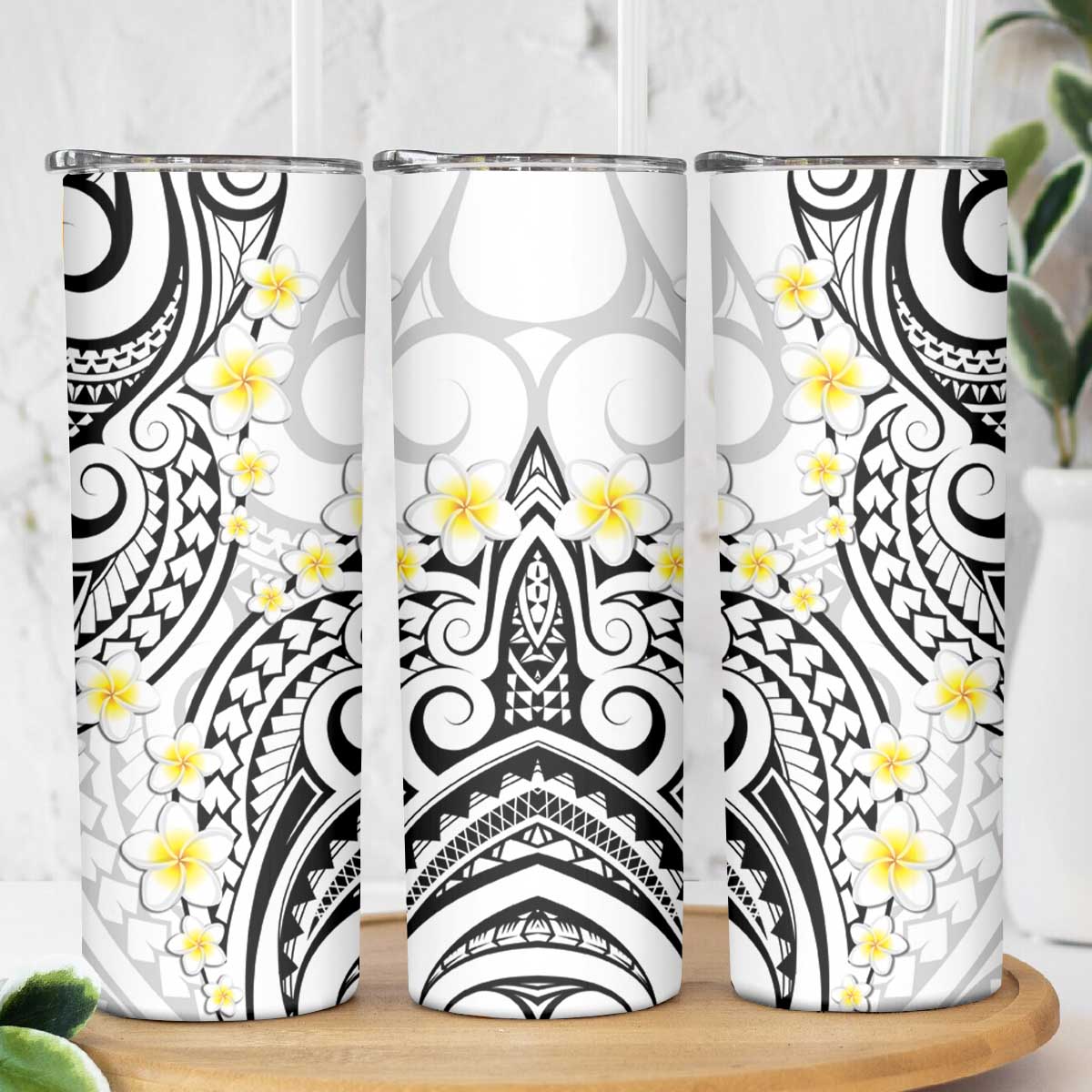 Plumeria With White Polynesian Tattoo Pattern Skinny Tumbler LT05 - Polynesian Pride