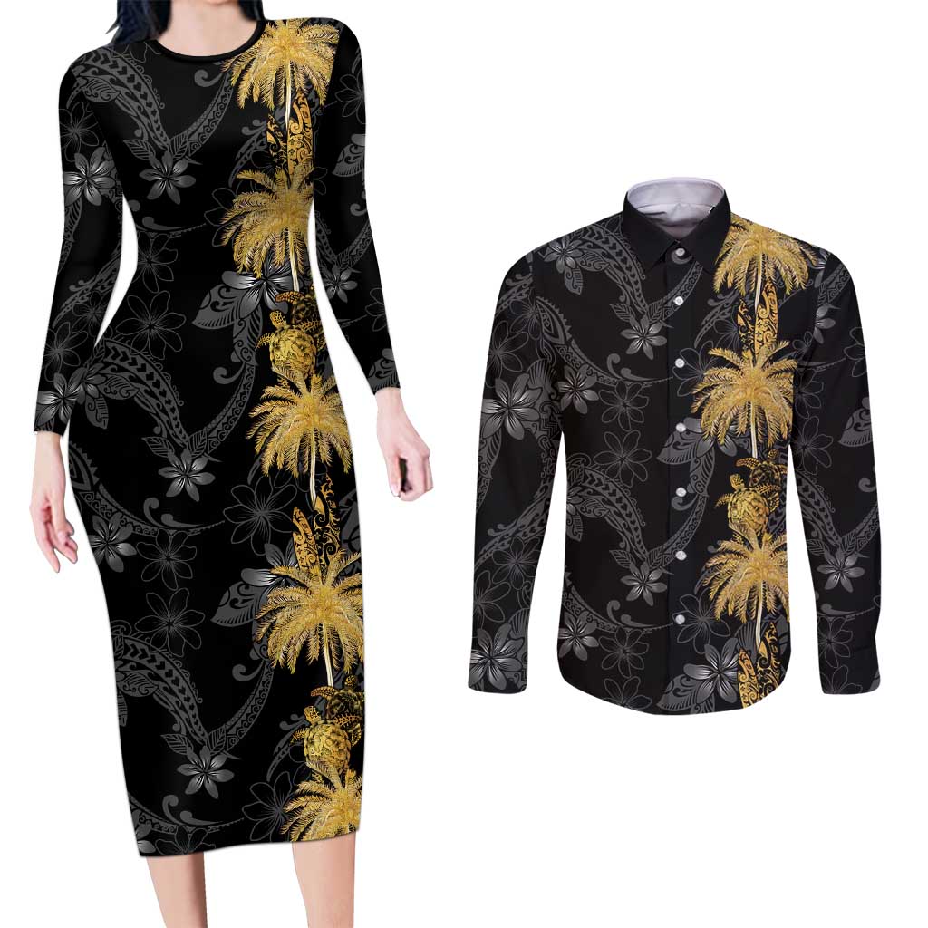 Hawaiian Honu And Surfboards Couples Matching Long Sleeve Bodycon Dress and Long Sleeve Button Shirt Gold Style LT05 Gold - Polynesian Pride