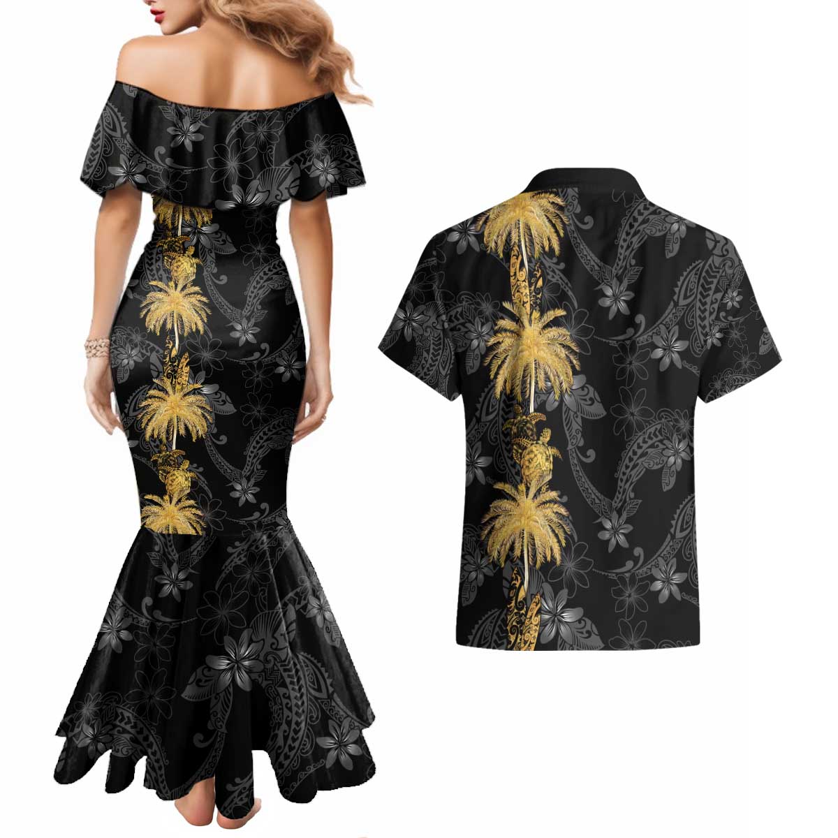 Hawaiian Honu And Surfboards Couples Matching Mermaid Dress and Hawaiian Shirt Gold Style LT05 - Polynesian Pride