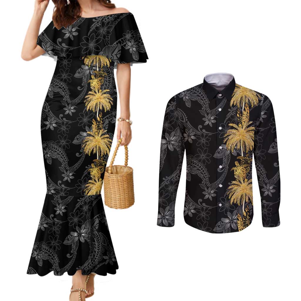 Hawaiian Honu And Surfboards Couples Matching Mermaid Dress and Long Sleeve Button Shirt Gold Style LT05 Gold - Polynesian Pride
