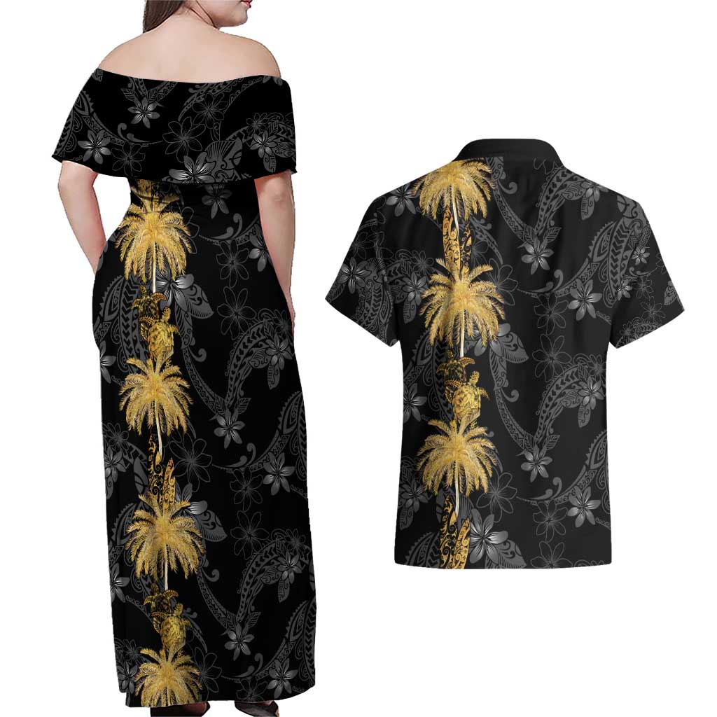 Hawaiian Honu And Surfboards Couples Matching Off Shoulder Maxi Dress and Hawaiian Shirt Gold Style LT05 - Polynesian Pride