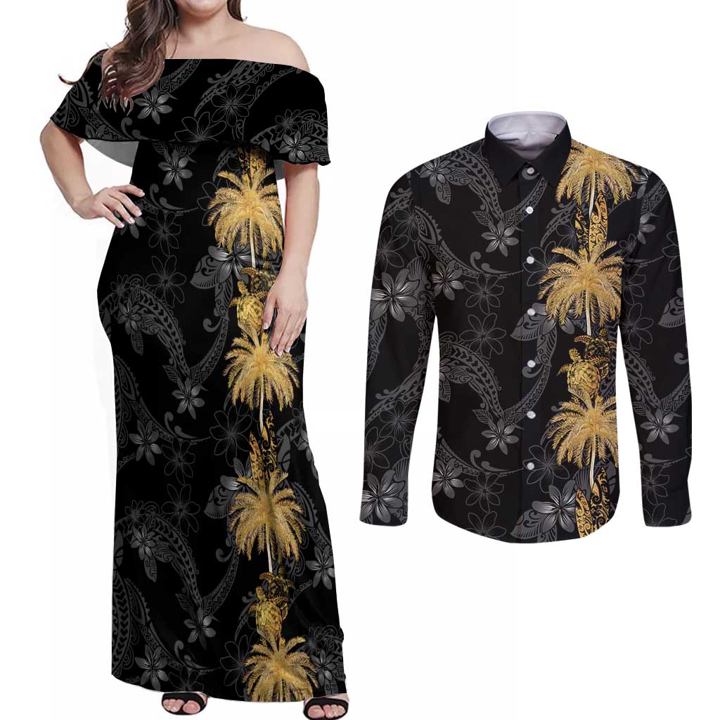 Hawaiian Honu And Surfboards Couples Matching Off Shoulder Maxi Dress and Long Sleeve Button Shirt Gold Style LT05 Gold - Polynesian Pride