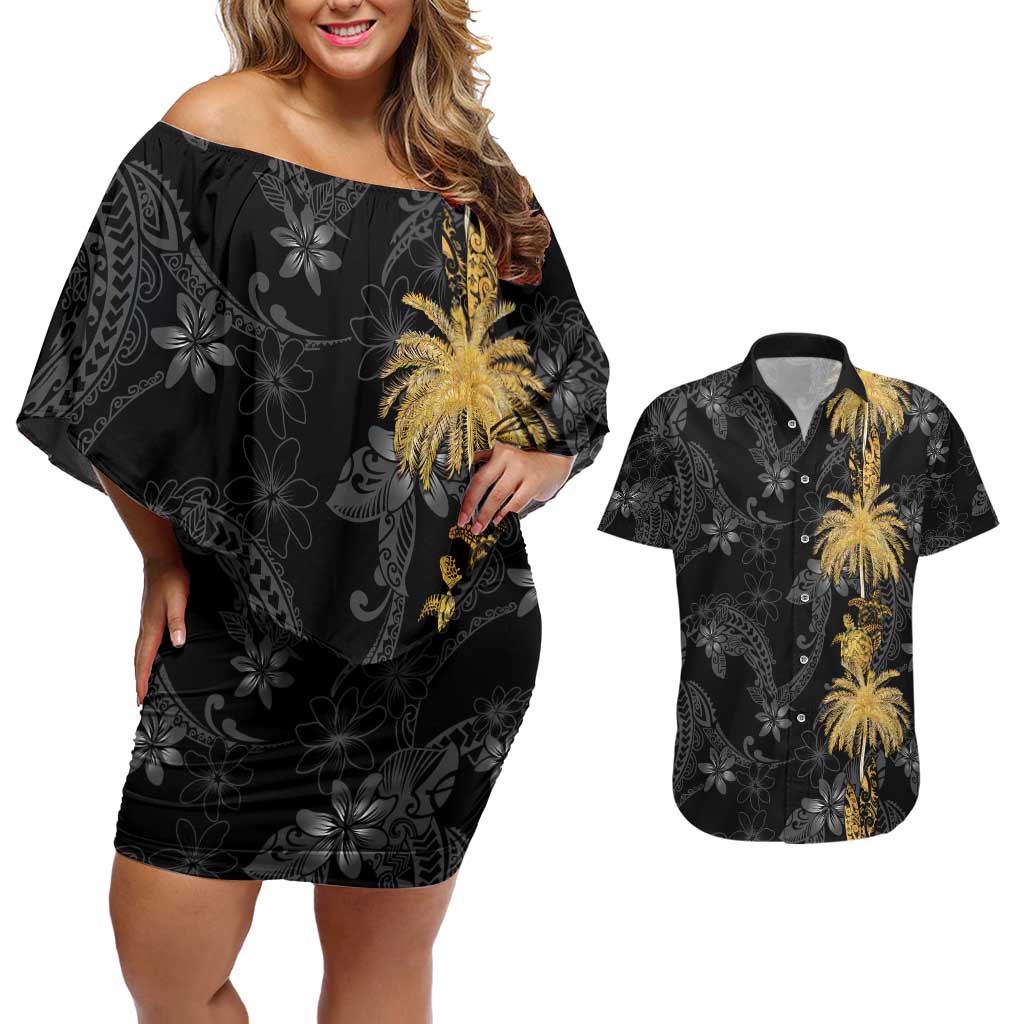 Hawaiian Honu And Surfboards Couples Matching Off Shoulder Short Dress and Hawaiian Shirt Gold Style LT05 Gold - Polynesian Pride