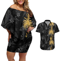 Hawaiian Honu And Surfboards Couples Matching Off Shoulder Short Dress and Hawaiian Shirt Gold Style LT05 Gold - Polynesian Pride