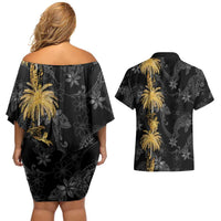 Hawaiian Honu And Surfboards Couples Matching Off Shoulder Short Dress and Hawaiian Shirt Gold Style LT05 - Polynesian Pride