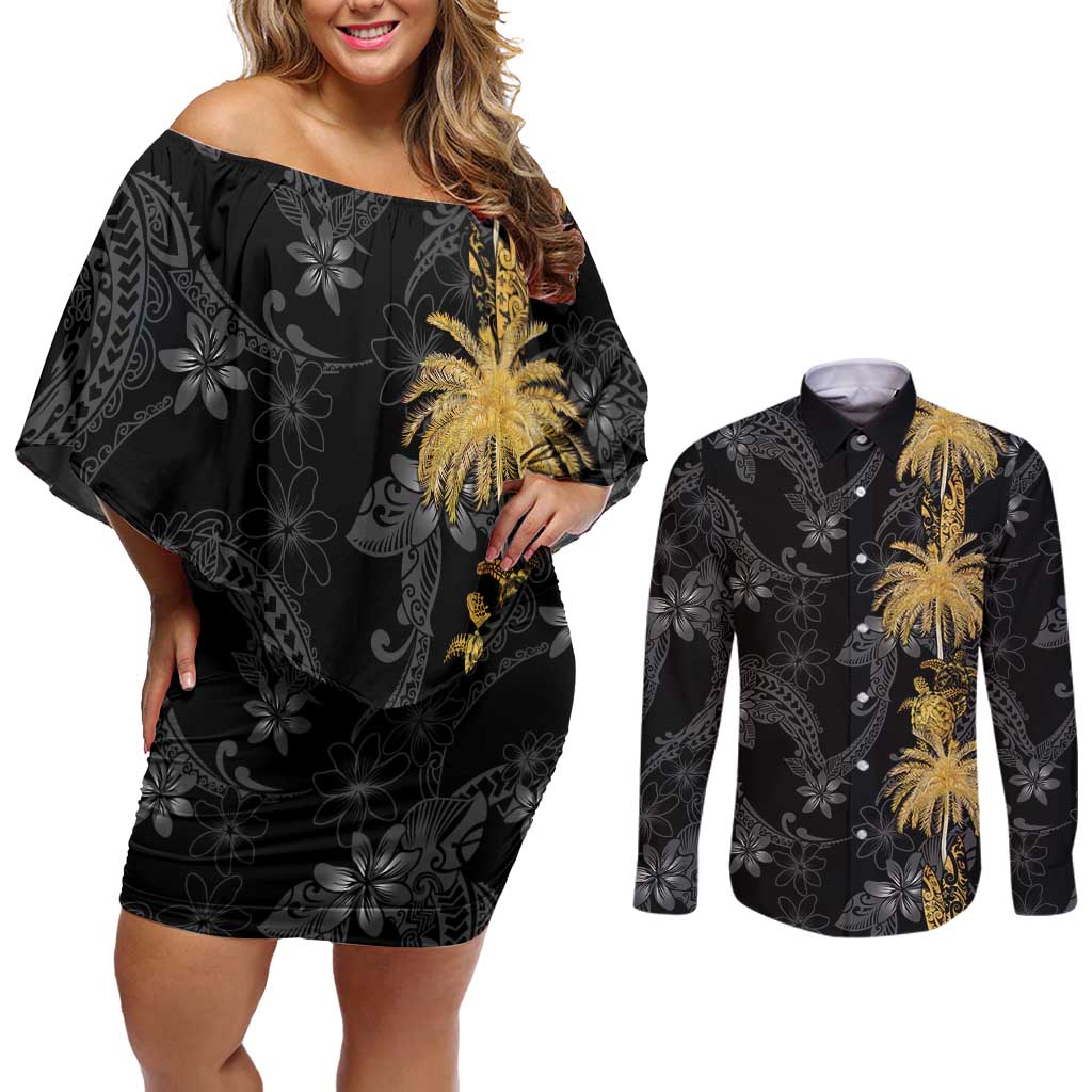 Hawaiian Honu And Surfboards Couples Matching Off Shoulder Short Dress and Long Sleeve Button Shirt Gold Style LT05 Gold - Polynesian Pride