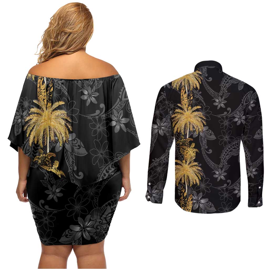 Hawaiian Honu And Surfboards Couples Matching Off Shoulder Short Dress and Long Sleeve Button Shirt Gold Style LT05 - Polynesian Pride