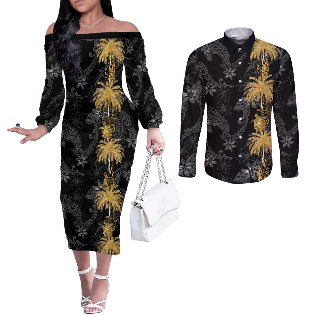 Hawaiian Honu And Surfboards Couples Matching Off The Shoulder Long Sleeve Dress and Long Sleeve Button Shirt Gold Style LT05 Gold - Polynesian Pride
