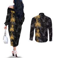 Hawaiian Honu And Surfboards Couples Matching Off The Shoulder Long Sleeve Dress and Long Sleeve Button Shirt Gold Style LT05 - Polynesian Pride