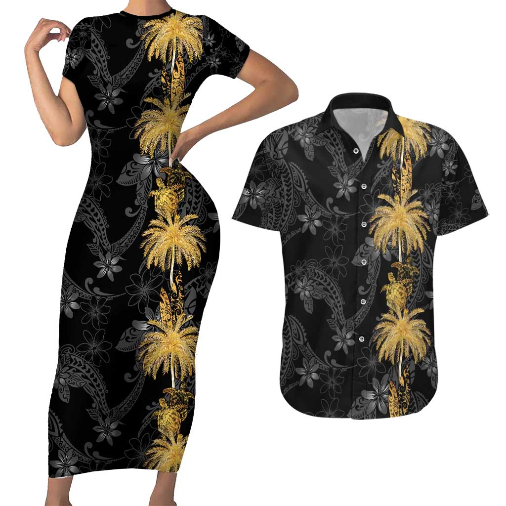 Hawaiian Honu And Surfboards Couples Matching Short Sleeve Bodycon Dress and Hawaiian Shirt Gold Style LT05 Gold - Polynesian Pride
