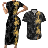 Hawaiian Honu And Surfboards Couples Matching Short Sleeve Bodycon Dress and Hawaiian Shirt Gold Style LT05 Gold - Polynesian Pride