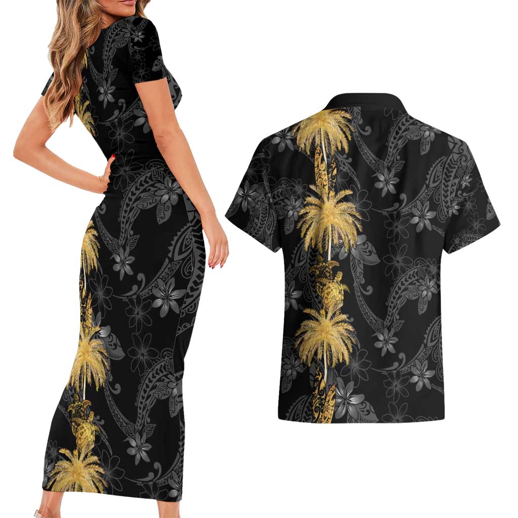 Hawaiian Honu And Surfboards Couples Matching Short Sleeve Bodycon Dress and Hawaiian Shirt Gold Style LT05 - Polynesian Pride