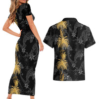 Hawaiian Honu And Surfboards Couples Matching Short Sleeve Bodycon Dress and Hawaiian Shirt Gold Style LT05 - Polynesian Pride
