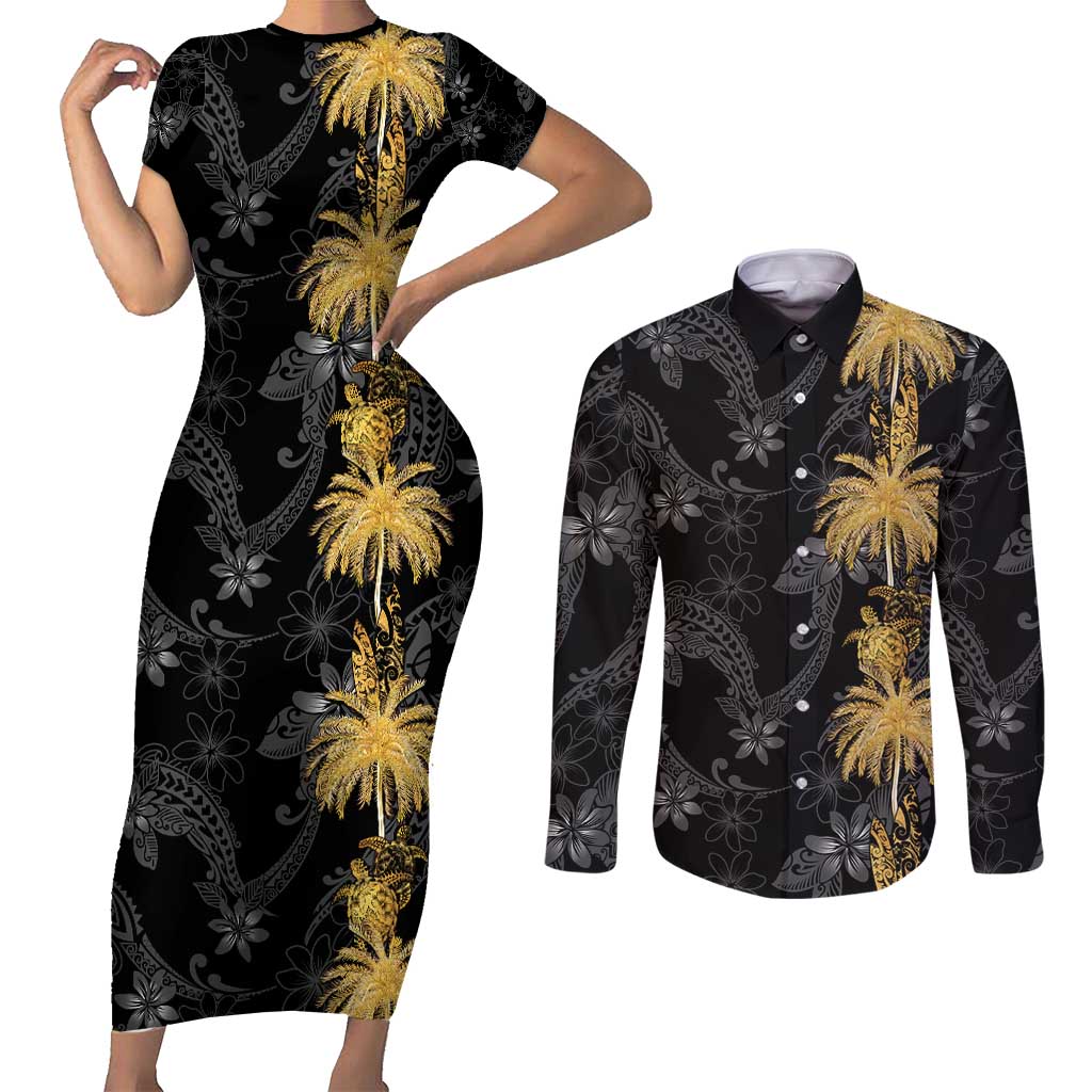 Hawaiian Honu And Surfboards Couples Matching Short Sleeve Bodycon Dress and Long Sleeve Button Shirt Gold Style LT05 Gold - Polynesian Pride